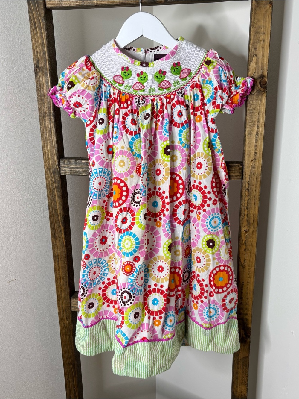 Lil Cactus Smocked Turtles Trim Multicolor Circle Print Kids Dress Size 5